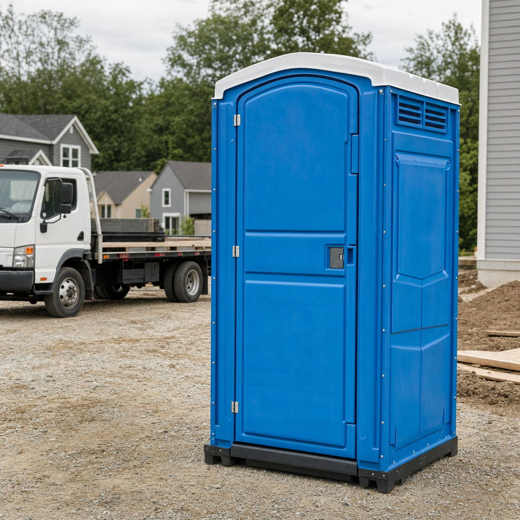 Delivery driver positioning a clean royal-blue portable toilet on level ground at a Albany worksite