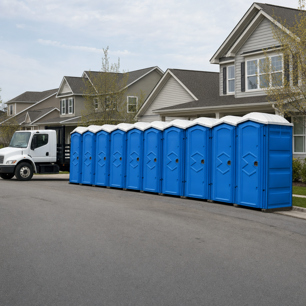 Royal blue portable toilets staged in a tidy row at a Albany jobsite, ready for delivery